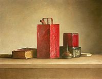Stilleven met rode oliebus, 91x70cm, 2005. (Jvr)