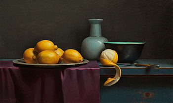 Stilleven met geschilde citroen en paars doekje, 75x45cm, 2016.