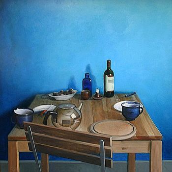 Stilleven met ontbijttafel, 105x105, 2004.