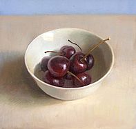 Stilleven met kersen in kommetje, 20x20cm, 2010.VERKOCHT
