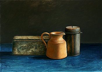 Blauw stilleven met collectebusje, 50x36cm, 2005 VERKOCHT