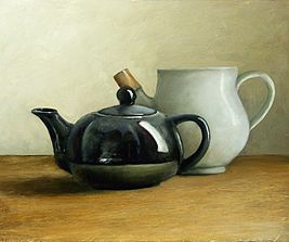 Stilleven met witte en zwarte theepot, 32x26cm, 2004 VERKOCHT