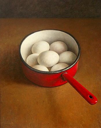 Rood steelpannetje met eieren, 50x60cm, 2006/7