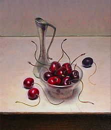 Stilleven met kersen en vaasje, 24x28cm, 2011.VERKOCHT (Collectie Galerie Zozimus, Ierland) 