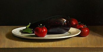 Stilleven met aubergine, 58x30cm, 2009.VERKOCHT (Collectie Galerie Zozimus, Ierland)