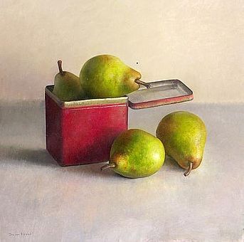 Stilleven met peren in rode doos, 45x45cm, 2008. VERKOCHT