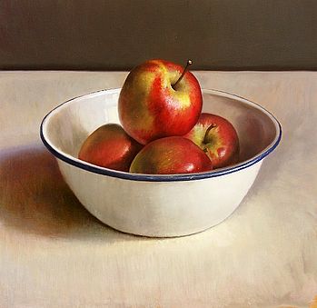 Stilleven met appelen in emaille kom, 50x48cm, 2010.