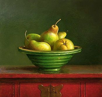 Stilleven met chinees kastje peren, 60x60cm, 2006. VERKOCHT 