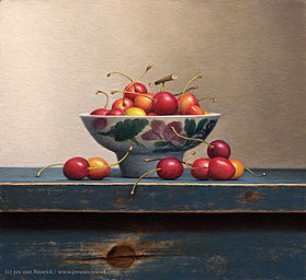 Stilleven met kersen in chinees kommetje, 36x33cm, 2014.SOLD