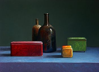 Stilleven met flessen en blikken doosjes, 67x50cm, 2005. VERKOCHT