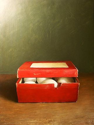 Rood doosje met eieren, 41x57cm, 2004 VERKOCHT