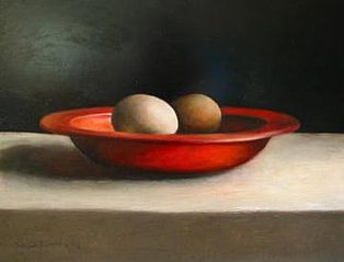 Schaaltje met eieren, olieverf op paneel, 40x30cm. VERKOCHT