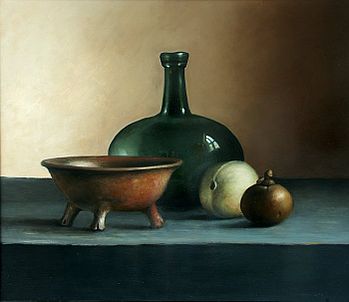 Stilleven met fles en aardewerk, 70x60cm. VERKOCHT