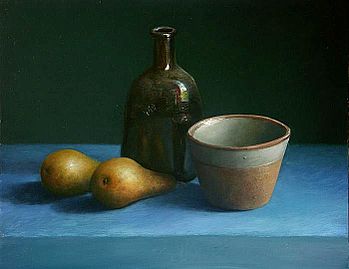 Stilleven met fles en twee peren, 47x37cm, 2005. VERKOCHT