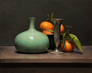 Stilleven met mandarijnen en groene vaas, 46x37cm, 2013.VERKOCHT