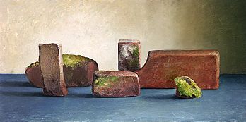 Stilleven bakstenen uit de oude veldoven te Nijmegen, 72x36cm, 2005. VERKOCHT
