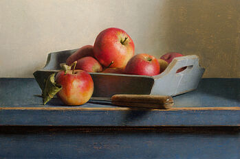 Stilleven met appels in houten bak, 48x31cm, 2026.