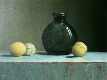 Stilleven met fles en pruimen, 80x60cm.